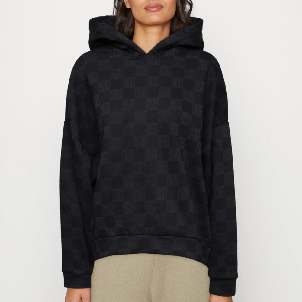 NWT GAP Vintage Soft Hi-Low Hoodie Black Check Logo Print